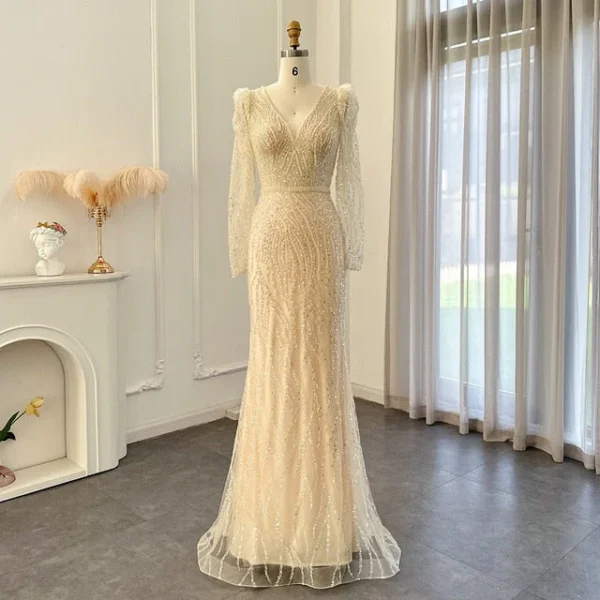 Elegant Long Sleeve V-Neck Sequin Evening Gown – Champagne Beaded Mermaid Dress