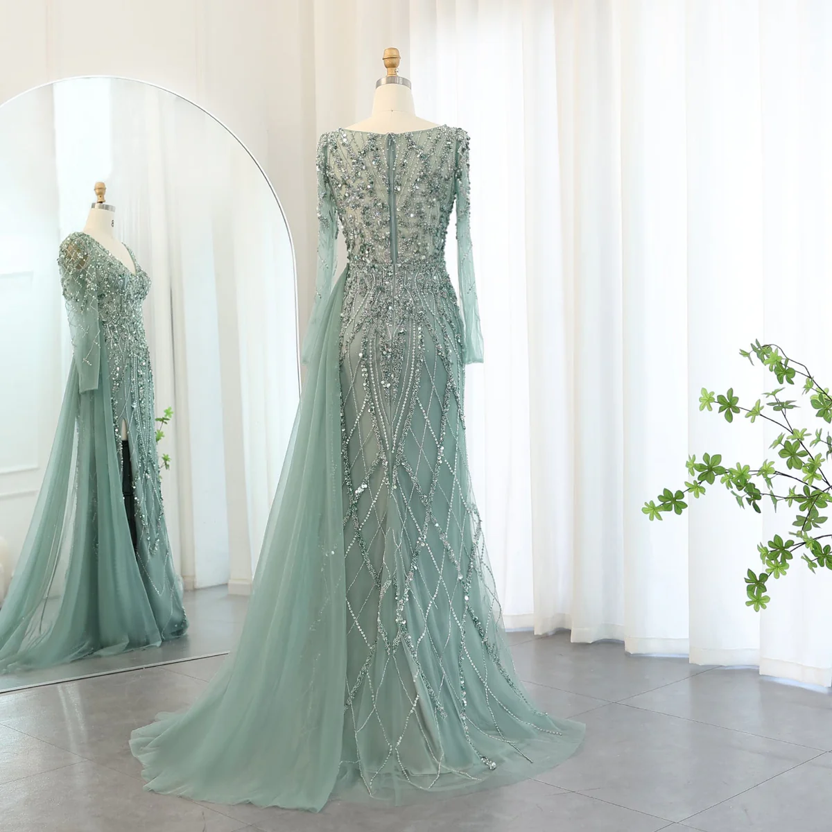 Second image of Elegant Sage Green Long Sleeve Beaded Evening Gown with Side Drape
