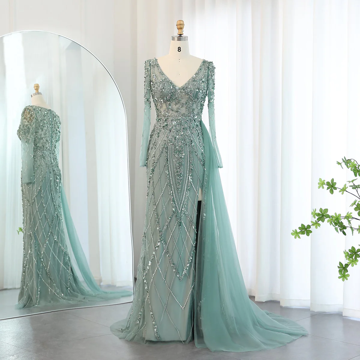 Elegant Sage Green Long Sleeve Beaded Evening Gown with Side Drape