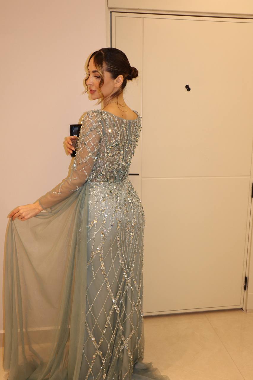 Second image of Elegant Sage Green Long Sleeve Beaded Evening Gown with Side Drape
