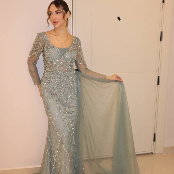 Elegant Sage Green Long Sleeve Beaded Evening Gown with Side Drape
