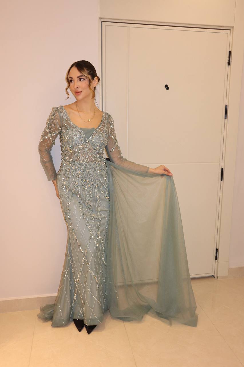 Elegant Sage Green Long Sleeve Beaded Evening Gown with Side Drape