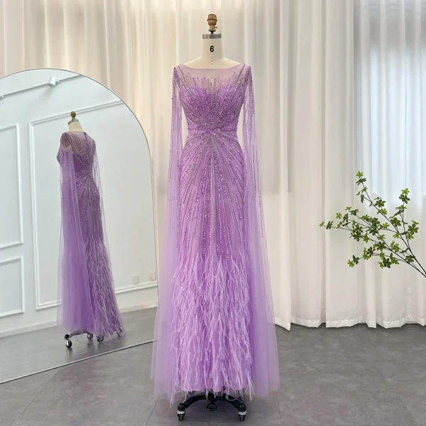 Lavender Feathered Beaded Evening Gown with Sheer Cape Sleeves