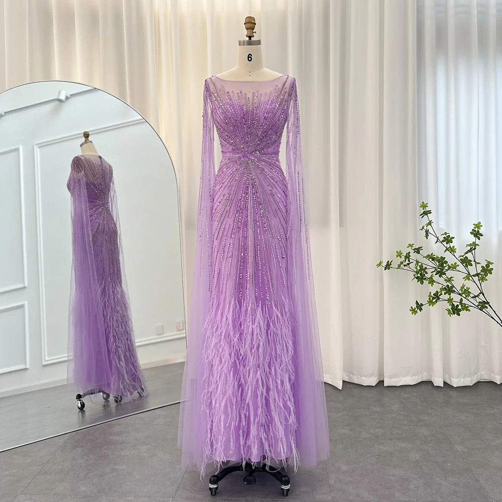 Lavender Feathered Beaded Evening Gown with Sheer Cape Sleeves