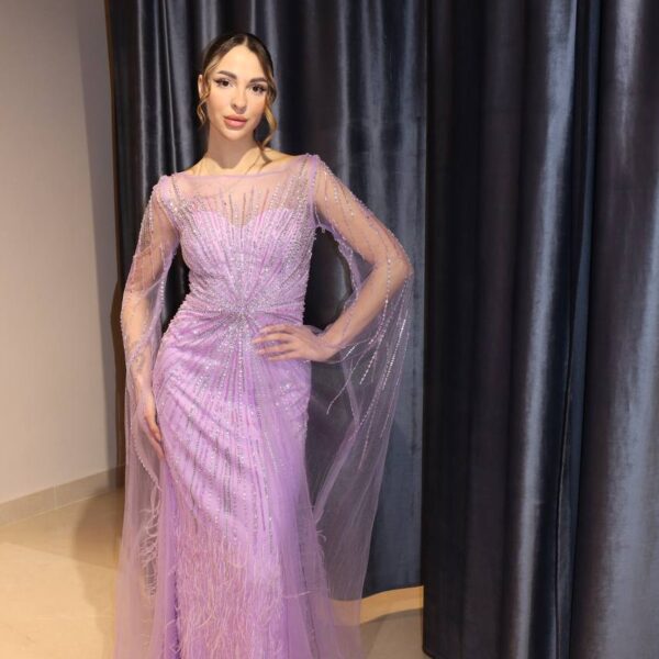 Lavender Feathered Beaded Evening Gown with Sheer Cape Sleeves