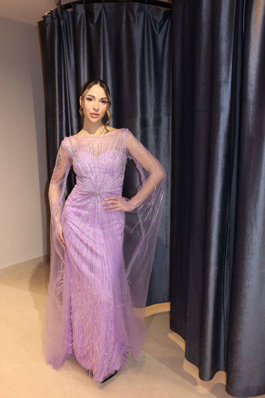 Lavender Feathered Beaded Evening Gown with Sheer Cape Sleeves