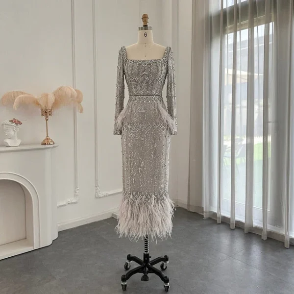 Elegant Silver Sequin Evening Dress with Feather Hem – Long Sleeve