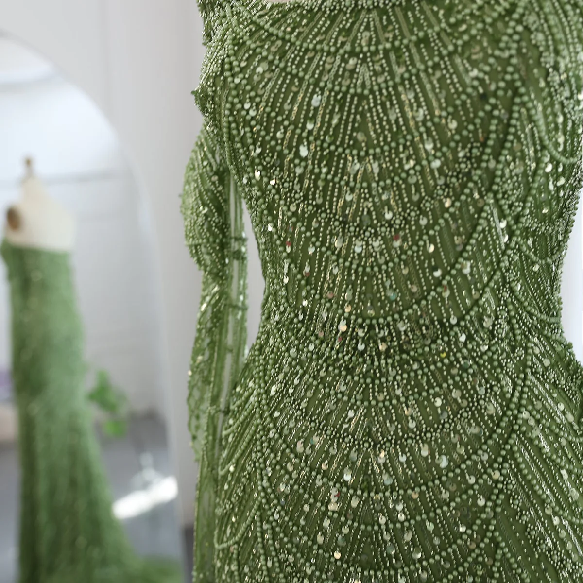 Second image of Emerald Green Beaded Evening Gown with Off-Shoulder Sleeves