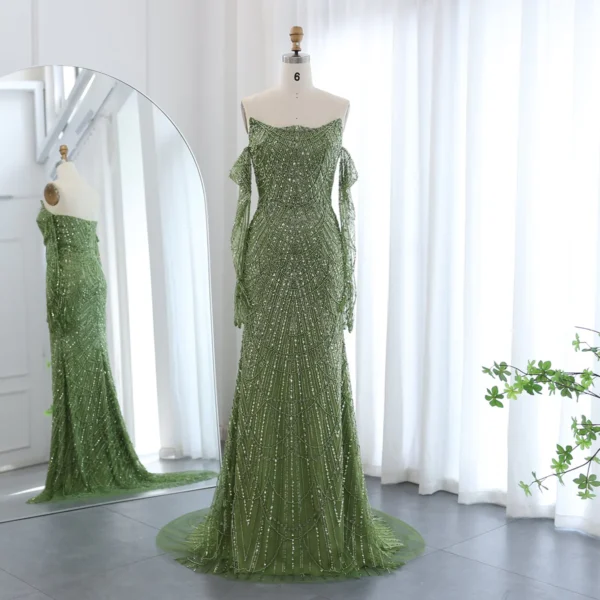 Emerald Green Beaded Evening Gown with Off-Shoulder Sleeves