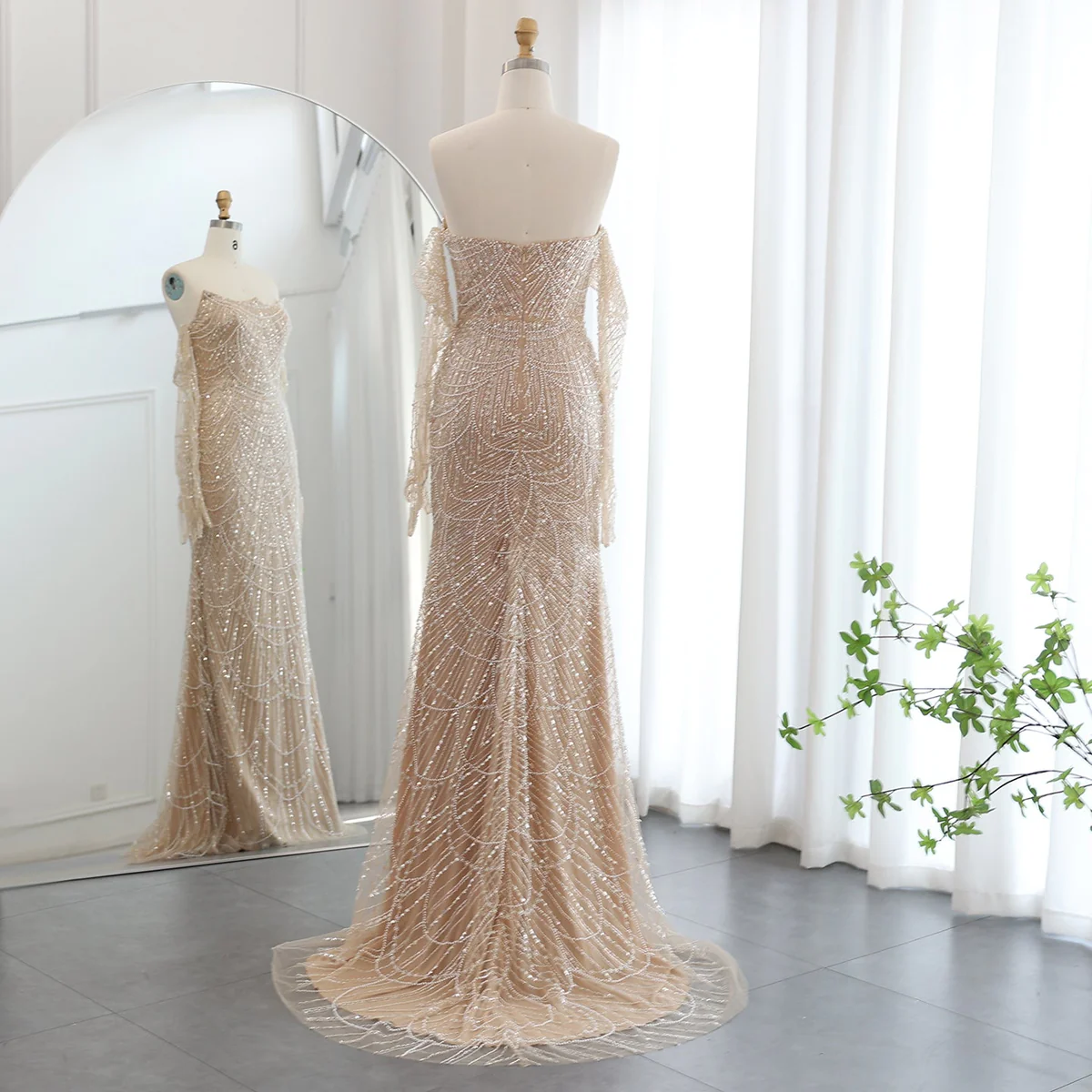 Second image of Champagne Beaded Evening Gown with Off-Shoulder Sleeves