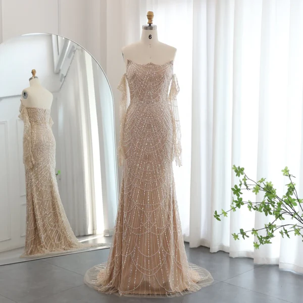 Champagne Beaded Evening Gown with Off-Shoulder Sleeves
