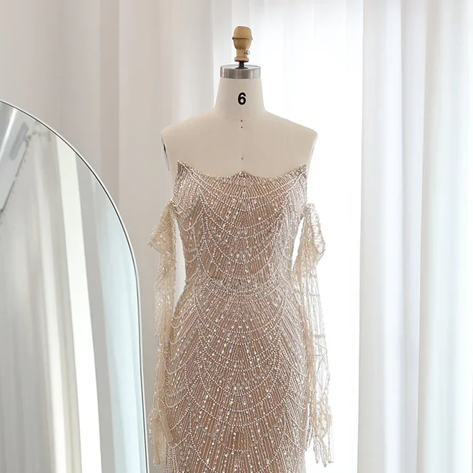 Champagne Beaded Evening Gown with Off-Shoulder Sleeves