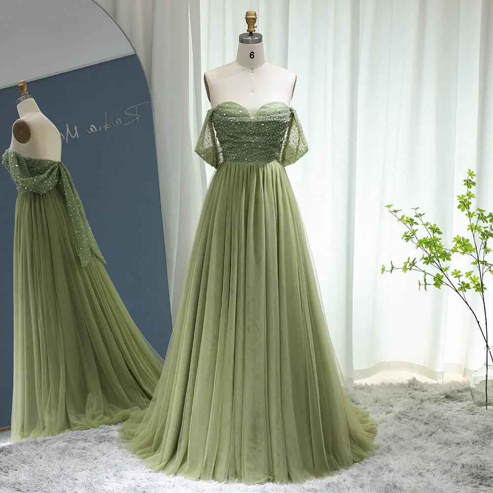 Elegant Sage Green Off-Shoulder Tulle Evening Gown with Sparkling Bodice