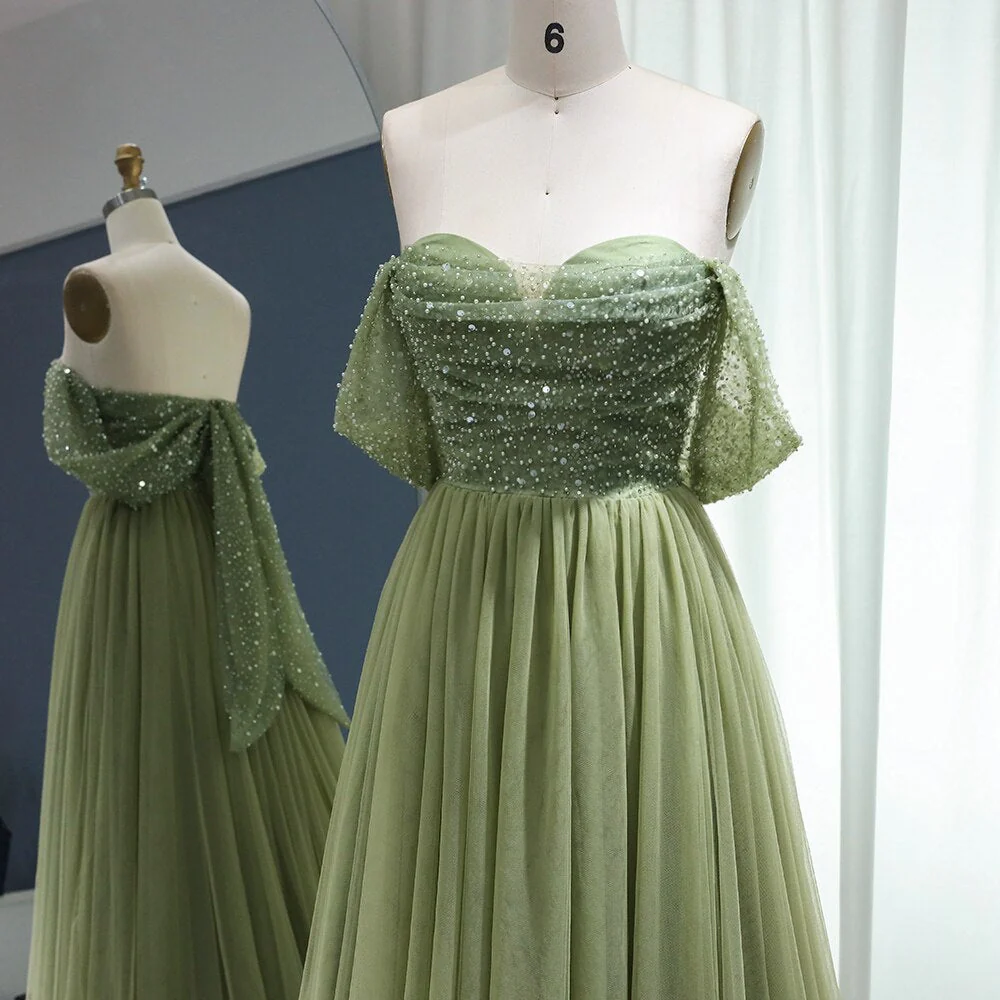 Second image of Elegant Sage Green Off-Shoulder Tulle Evening Gown with Sparkling Bodice