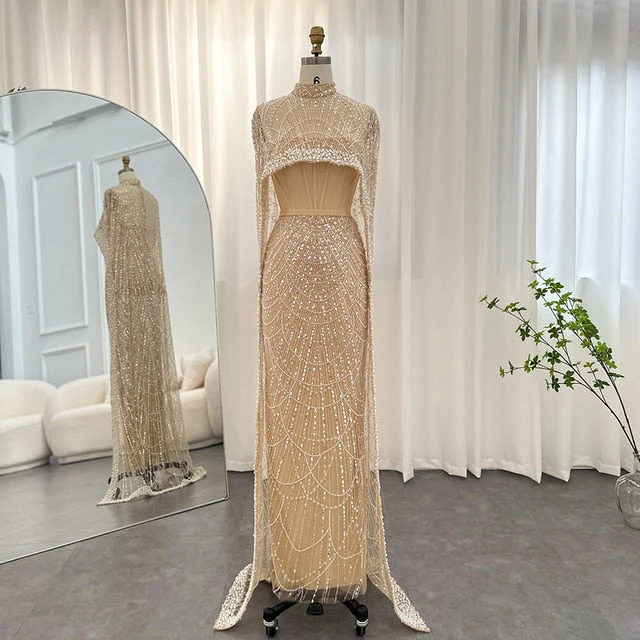 Second image of Champagne High Neck Beaded Evening Gown with Sheer Overlay
