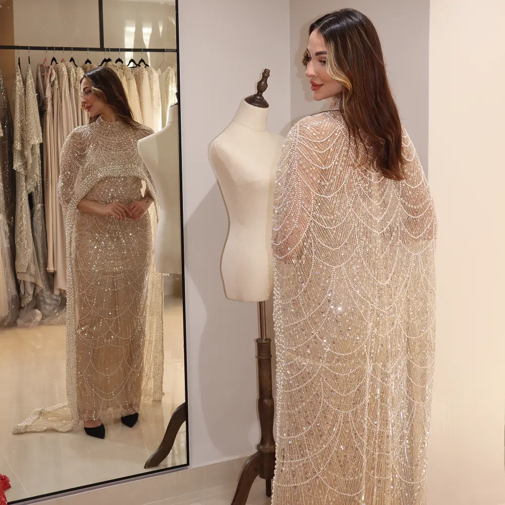 Second image of Champagne High Neck Beaded Evening Gown with Sheer Overlay