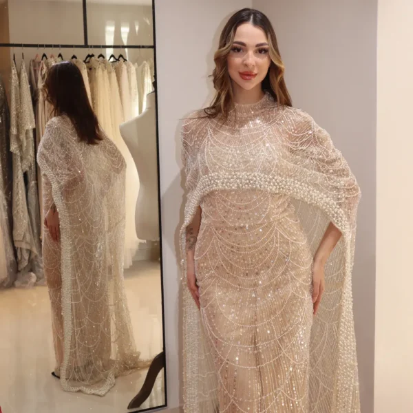 Champagne High Neck Beaded Evening Gown with Sheer Overlay
