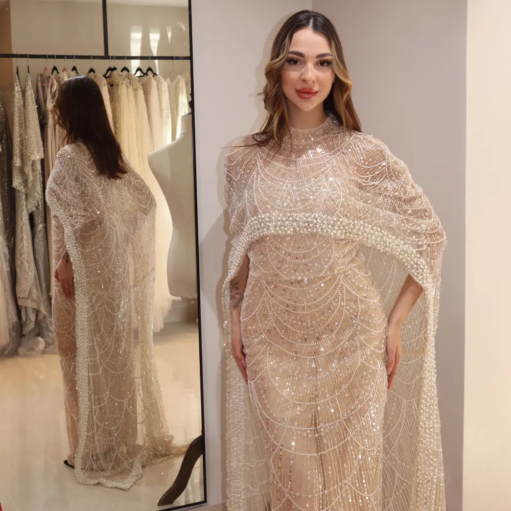 Champagne High Neck Beaded Evening Gown with Sheer Overlay