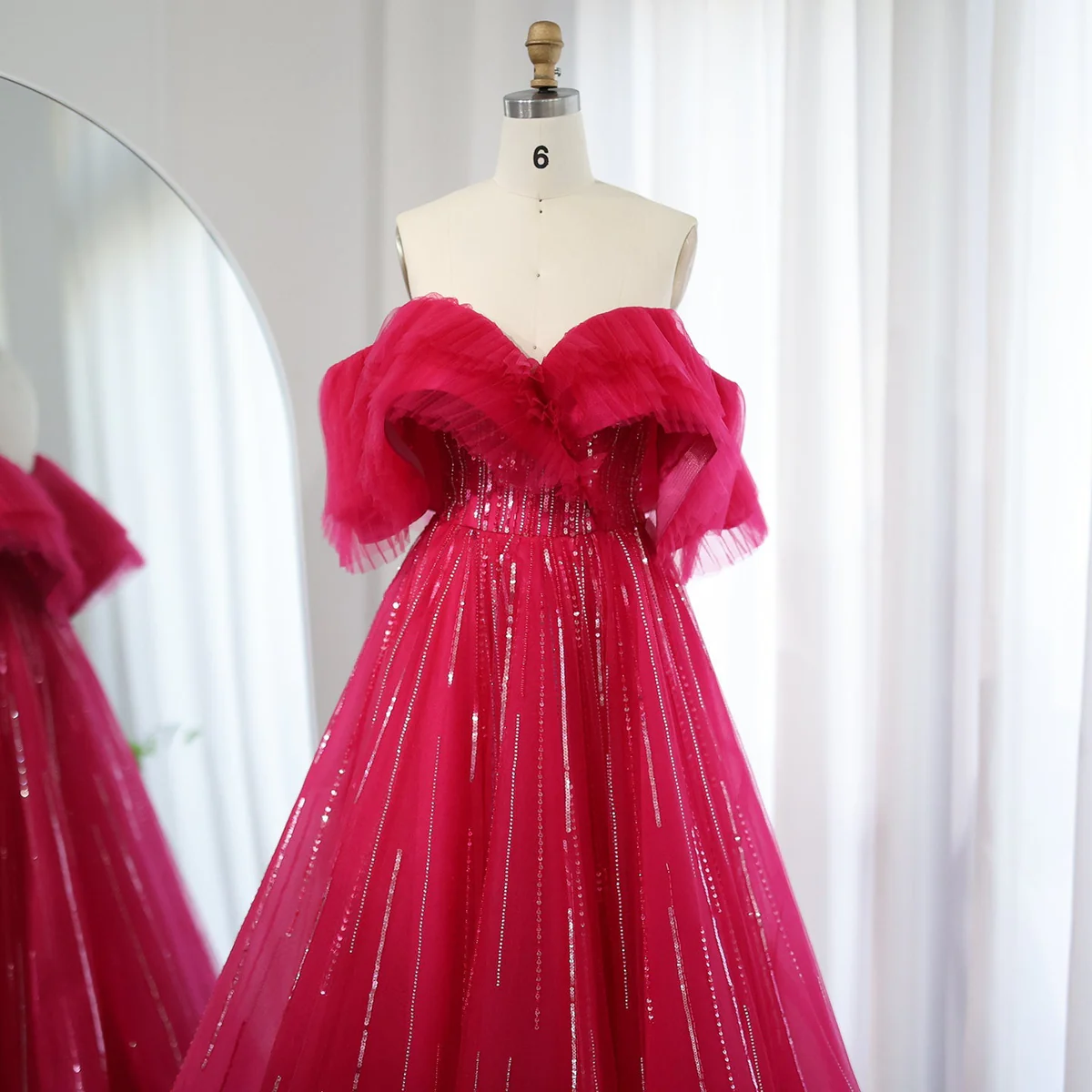 Second image of Glamorous Red Off-Shoulder Ball Gown with Sequin Details