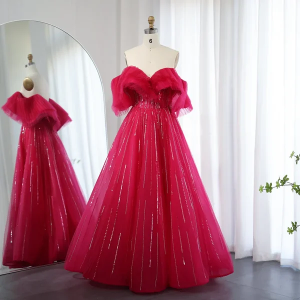 Glamorous Red Off-Shoulder Ball Gown with Sequin Details