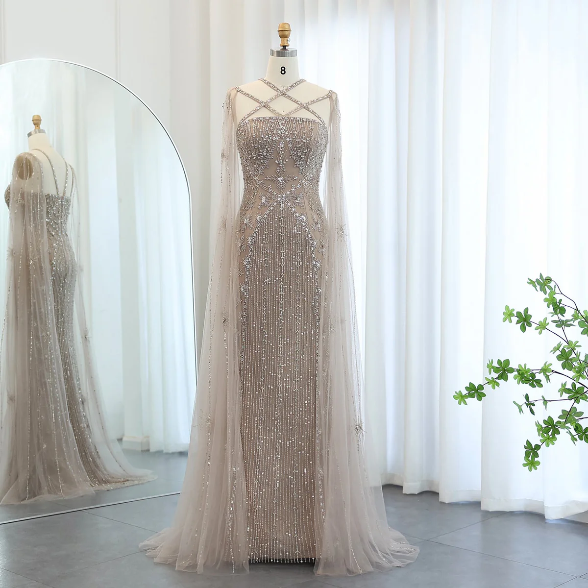 Champagne Embellished Evening Gown with Sheer Cape Sleeves
