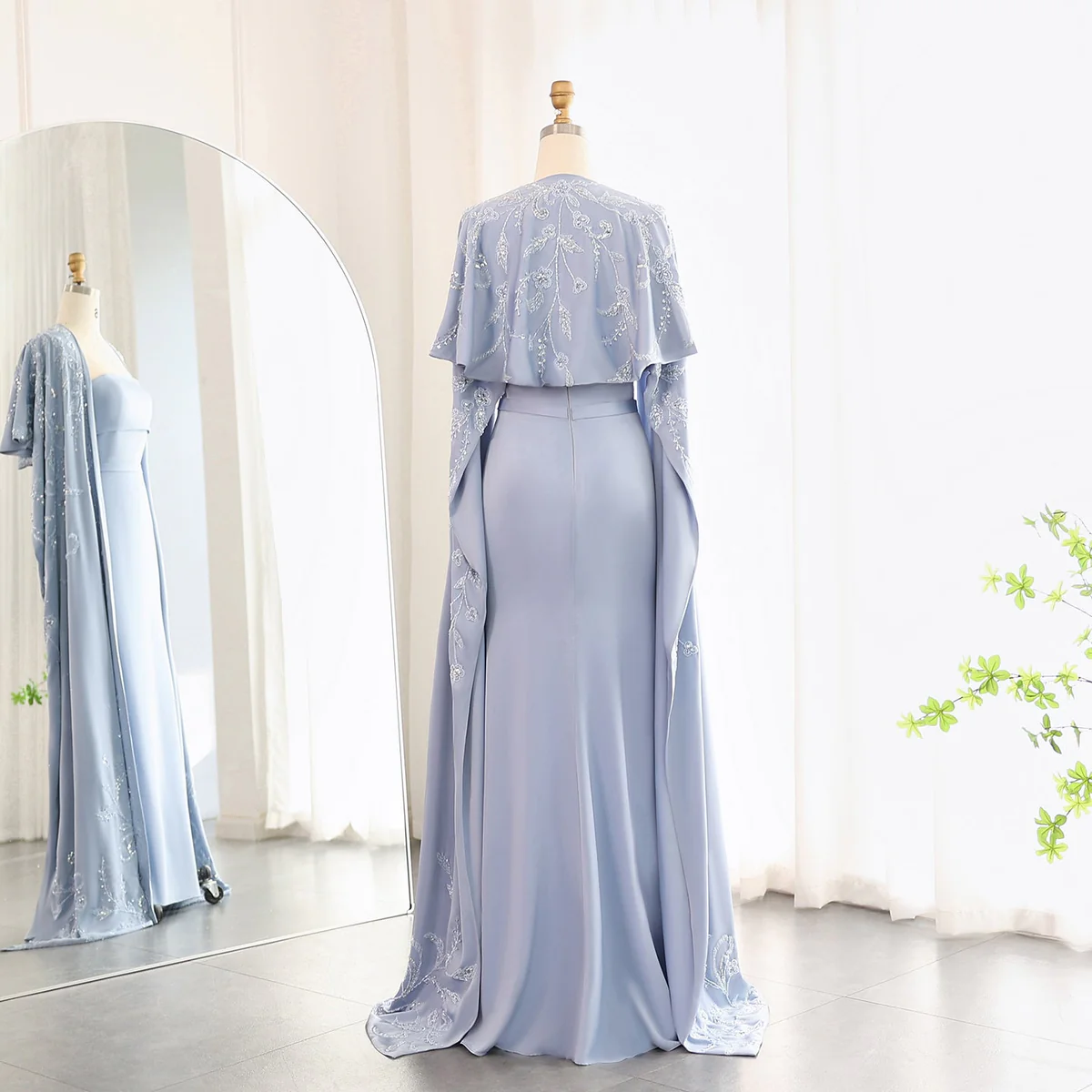 Second image of Light Blue Strapless Evening Gown with Embroidered Cape