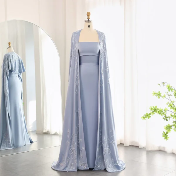 Light Blue Strapless Evening Gown with Embroidered Cape
