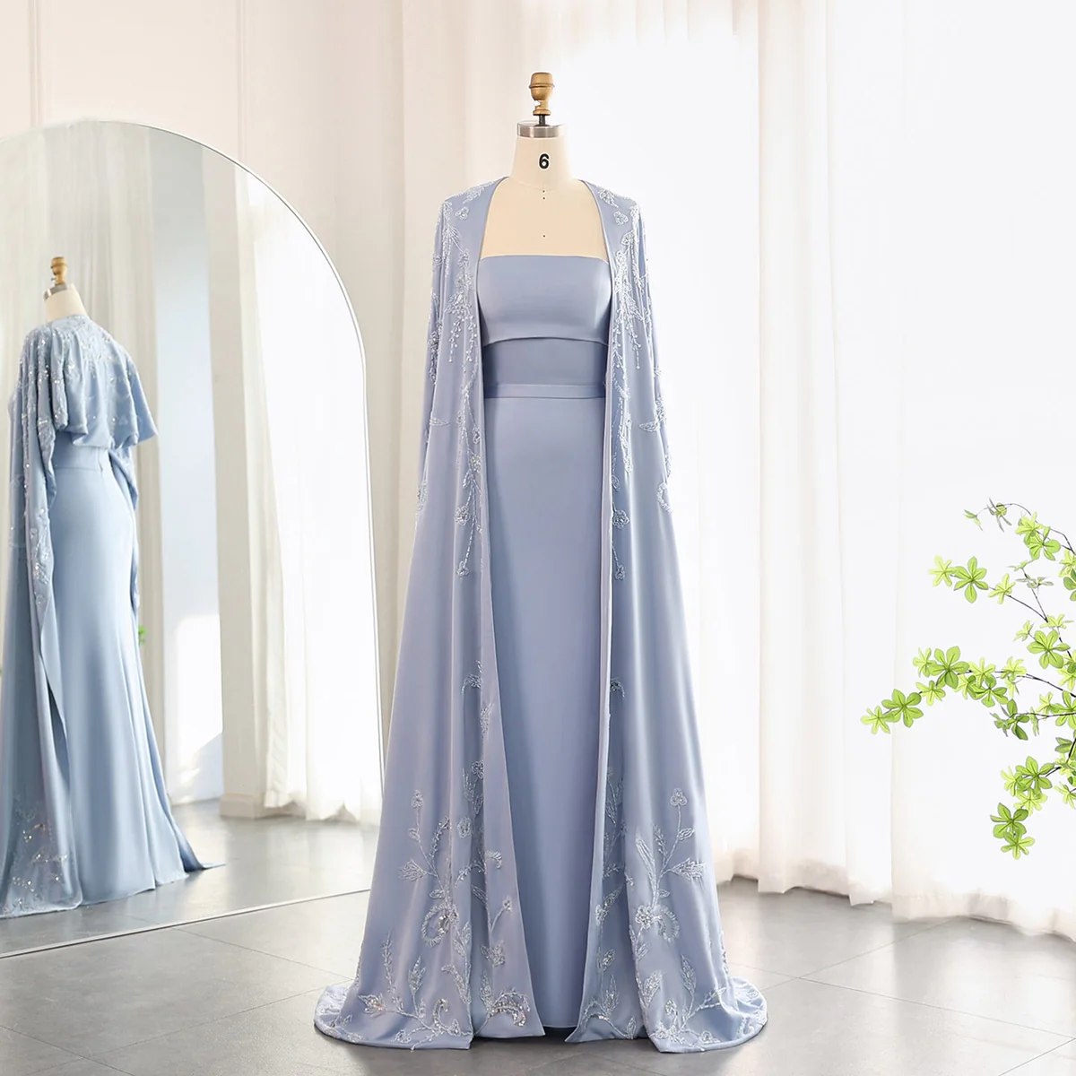 Light Blue Strapless Evening Gown with Embroidered Cape