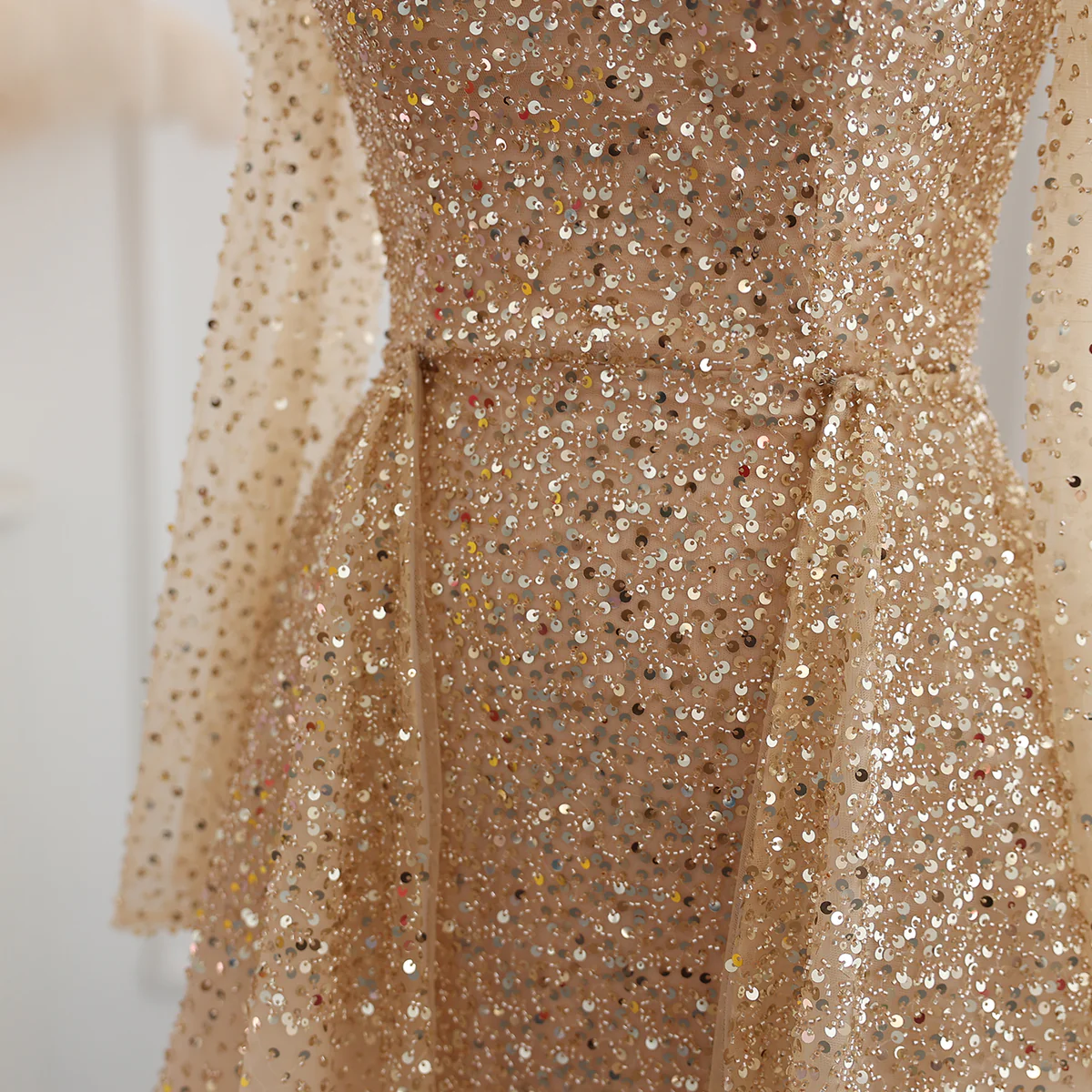 Second image of Gold Off-Shoulder Glitter Tulle Ball Gown