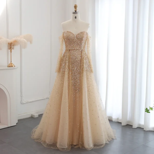 Gold Off-Shoulder Glitter Tulle Ball Gown