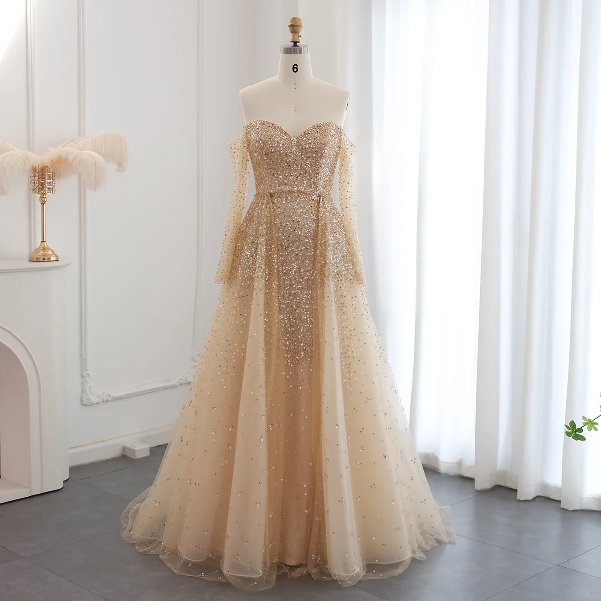 Gold Off-Shoulder Glitter Tulle Ball Gown