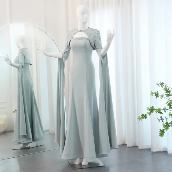 Sage Green Evening Gown with Beaded Cape Sleeves