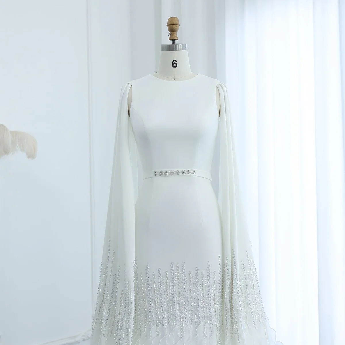 Second image of White Evening Gown with Beaded Cape and Ruffled Hem