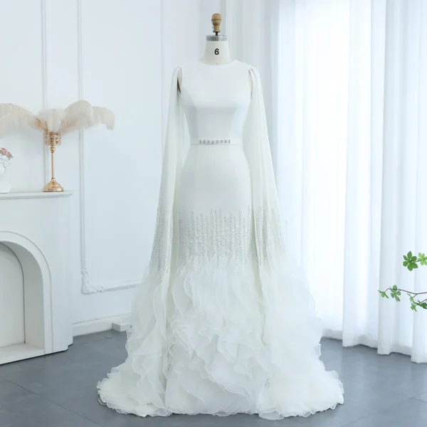 White Evening Gown with Beaded Cape and Ruffled Hem