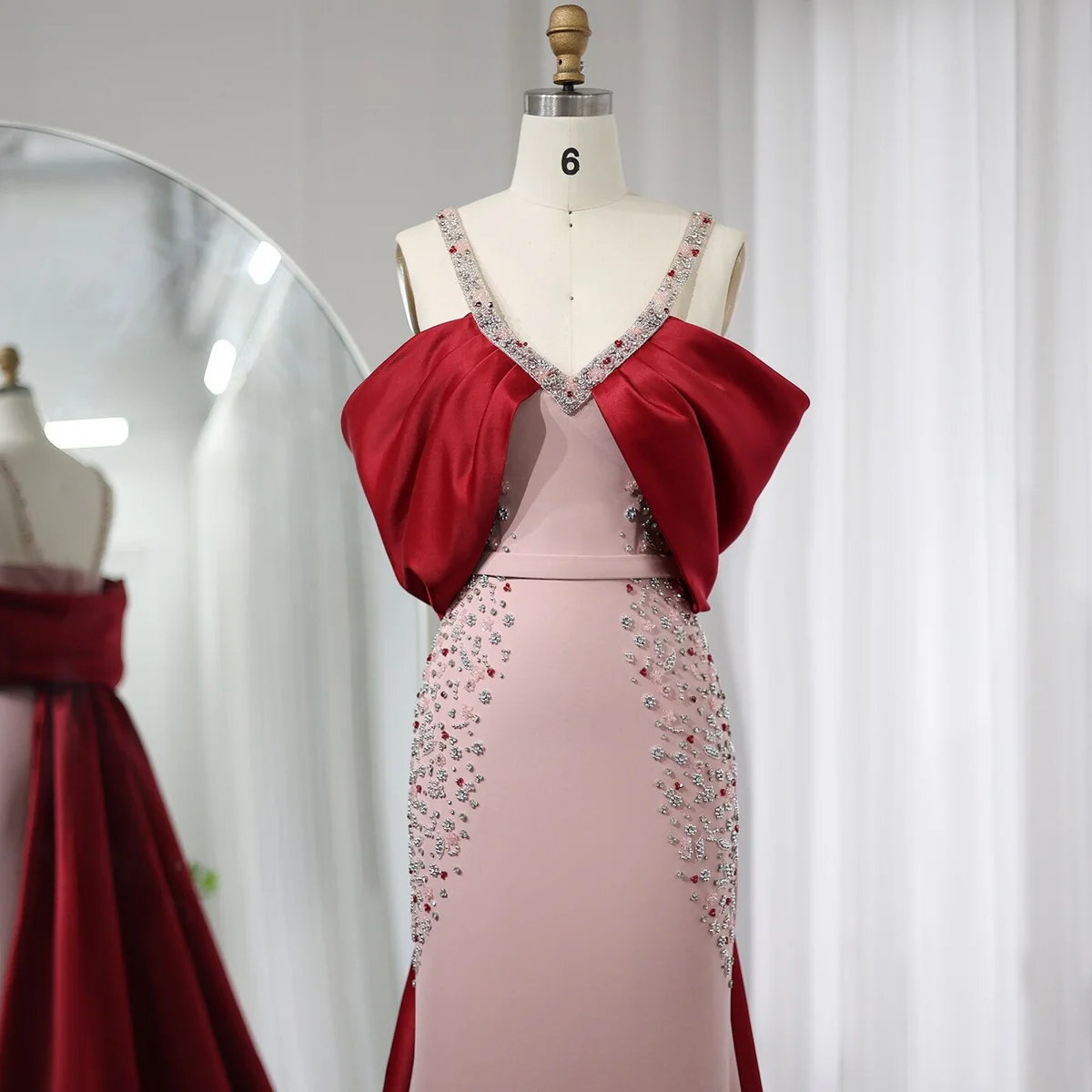 Second image of Red and Pink Embellished Evening Gown with Draped Train