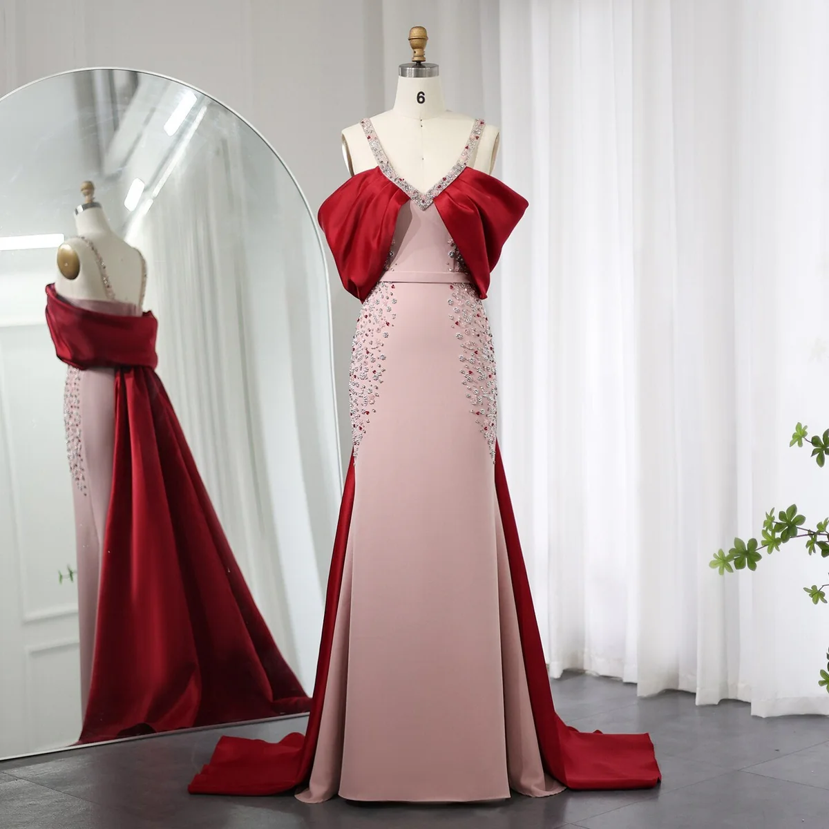 Red and Pink Embellished Evening Gown with Draped Train