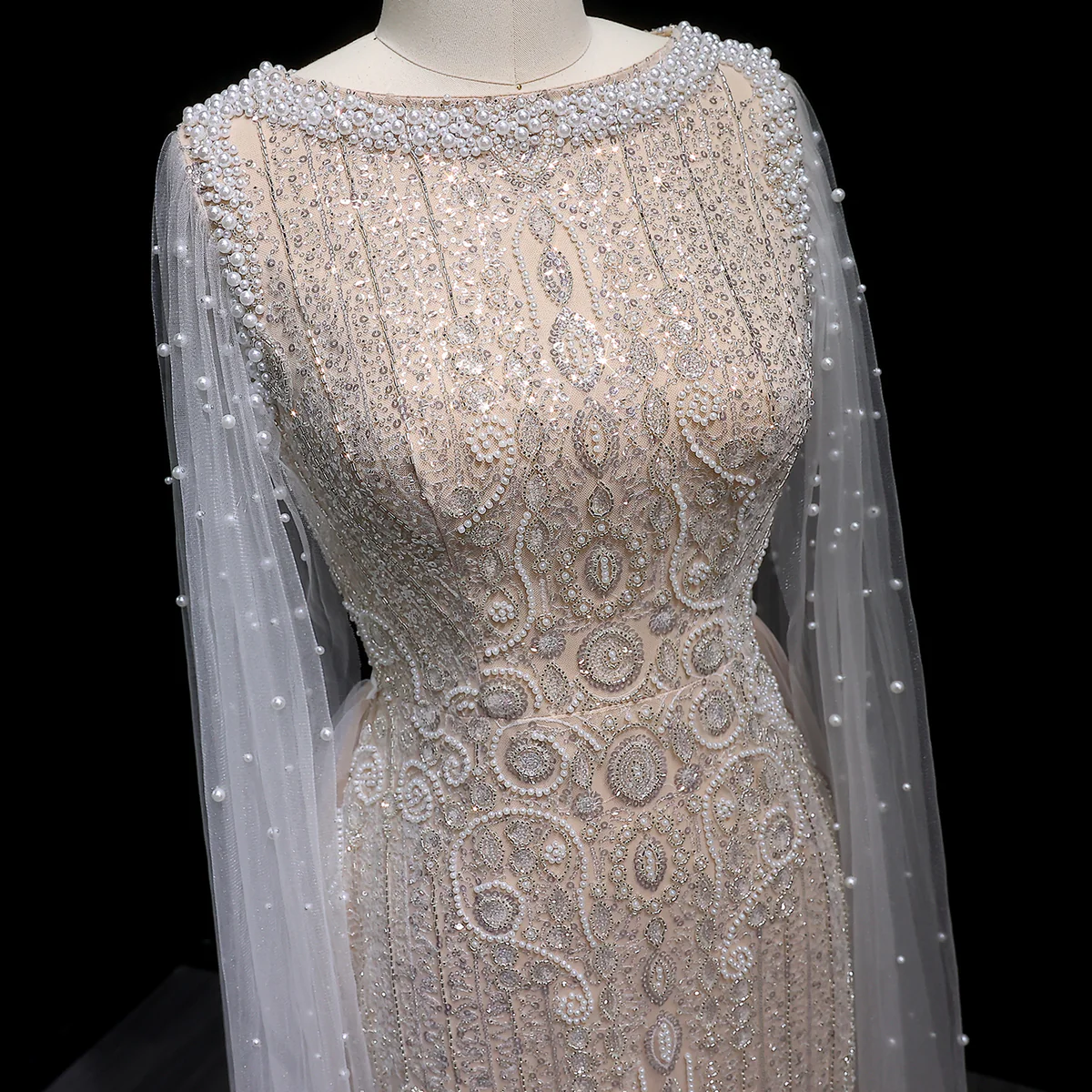 Second image of Nude Embellished Evening Gown with Sheer Cape