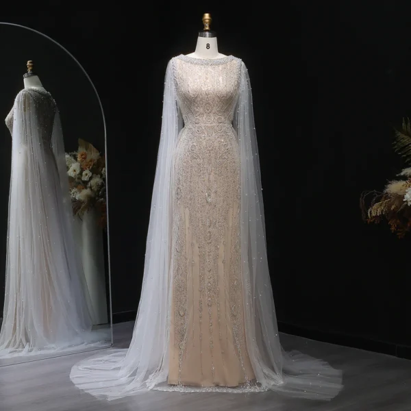 Nude Embellished Evening Gown with Sheer Cape