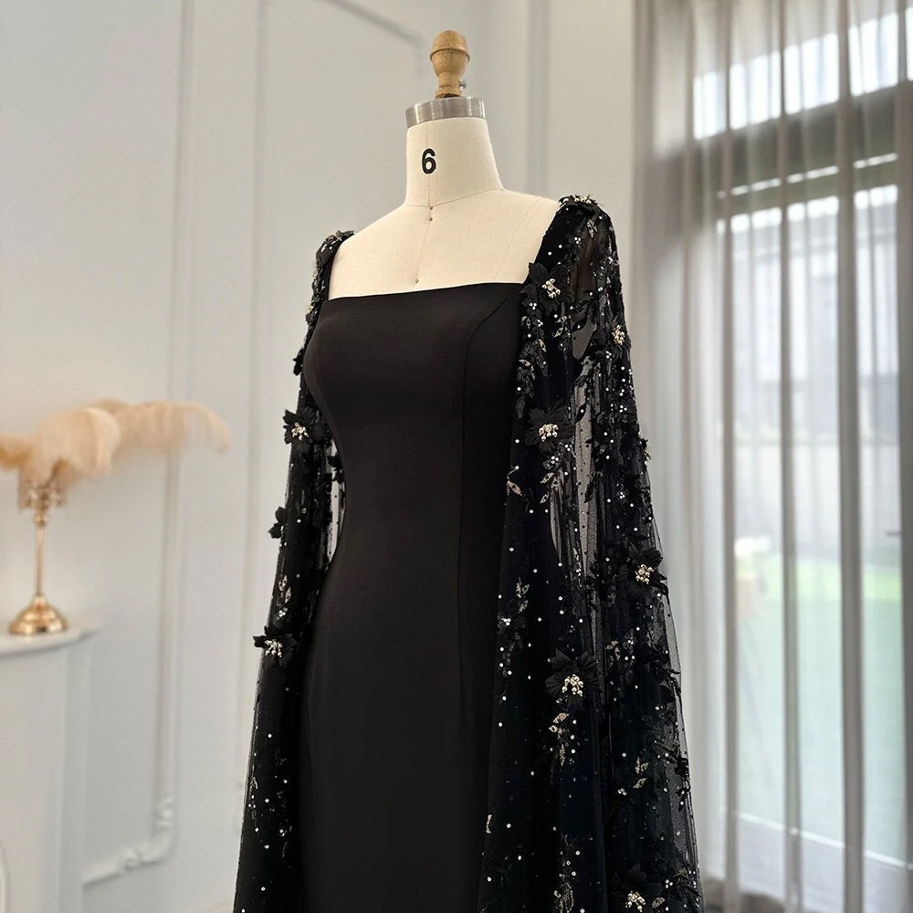 Second image of Black Evening Gown with Sequin Embellished Sheer Cape