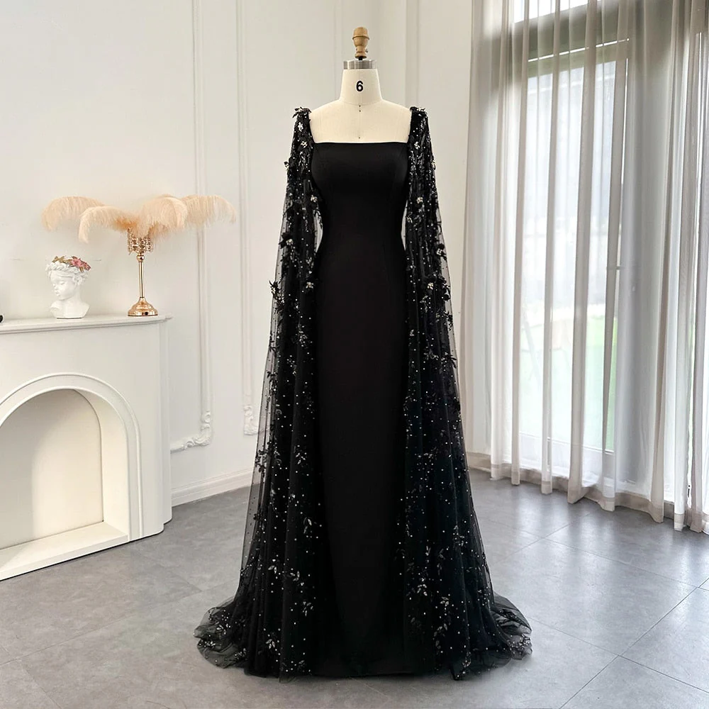 Black Evening Gown with Sequin Embellished Sheer Cape