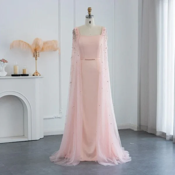 Blush Pink Evening Gown with Sheer Beaded Cape