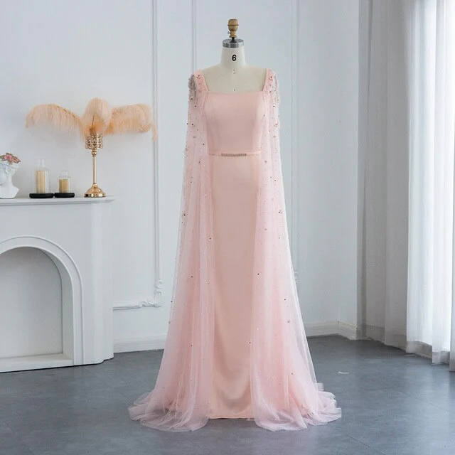 Blush Pink Evening Gown with Sheer Beaded Cape
