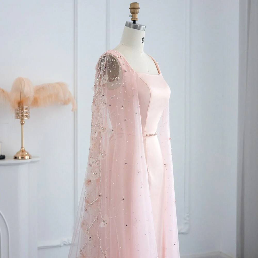 Second image of Blush Pink Evening Gown with Sheer Beaded Cape