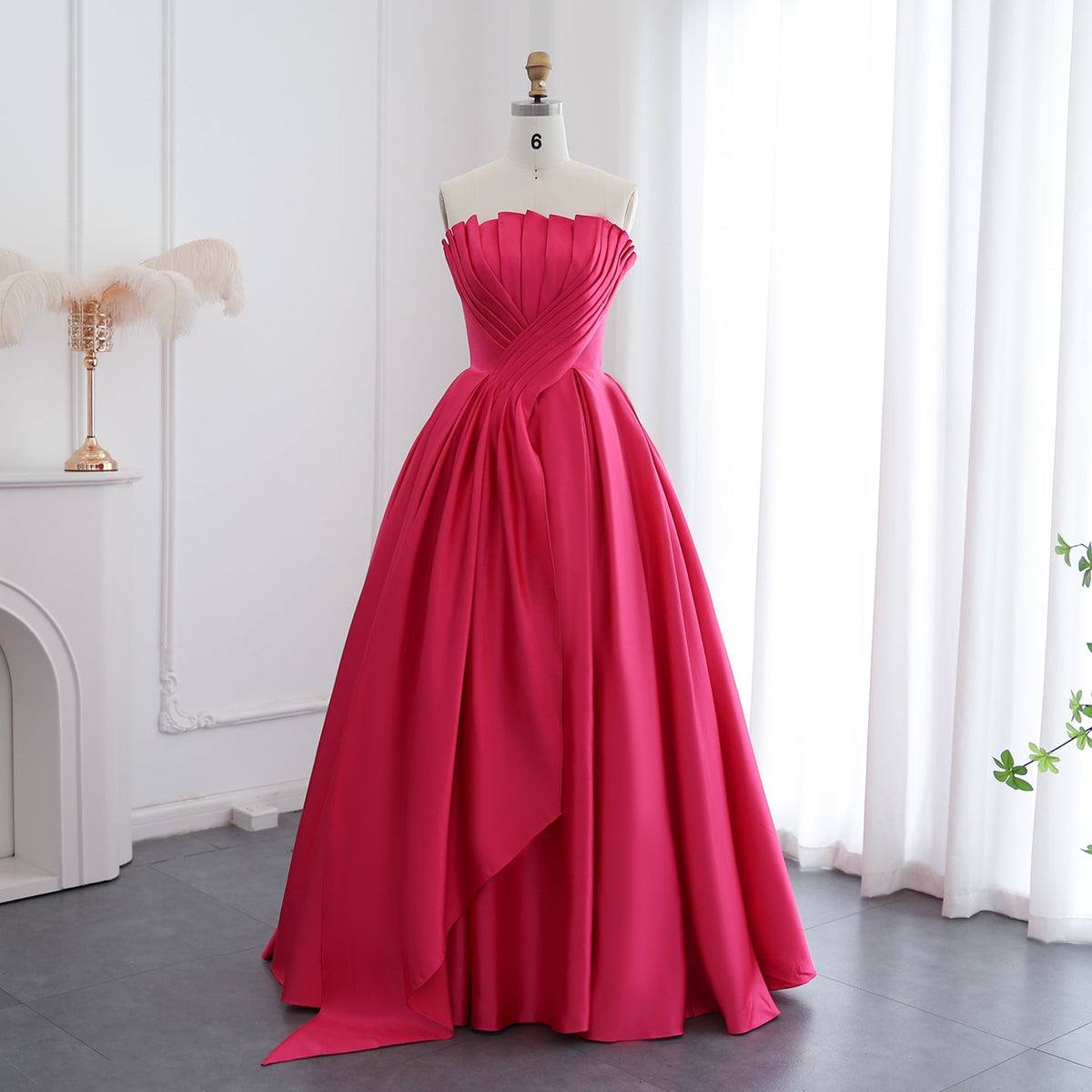 Hot Pink Strapless Pleated Ball Gown