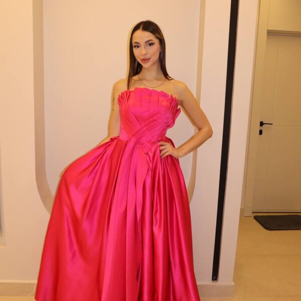 Hot Pink Strapless Pleated Ball Gown