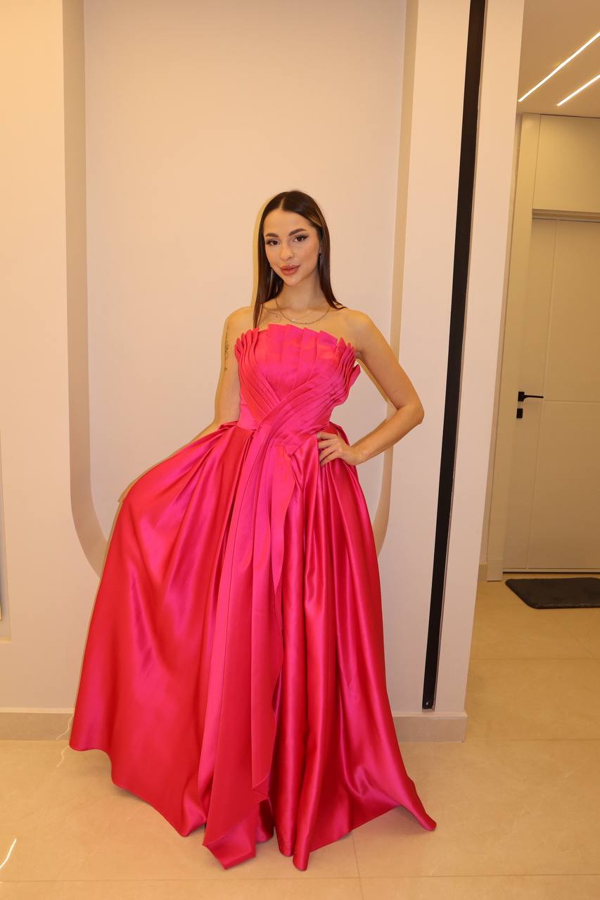 Hot Pink Strapless Pleated Ball Gown