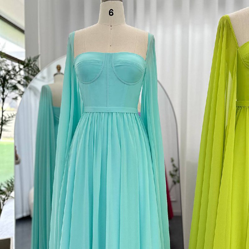 Elegant Aqua Blue Off-Shoulder Flowing Gown with Structured Corset Bodice