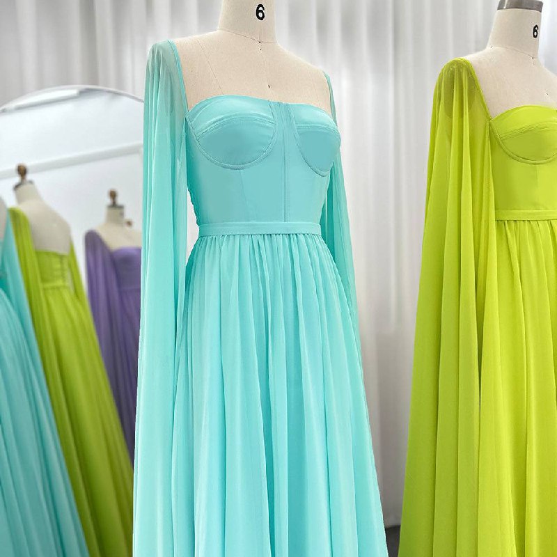 Second image of Elegant Aqua Blue Off-Shoulder Flowing Gown with Structured Corset Bodice