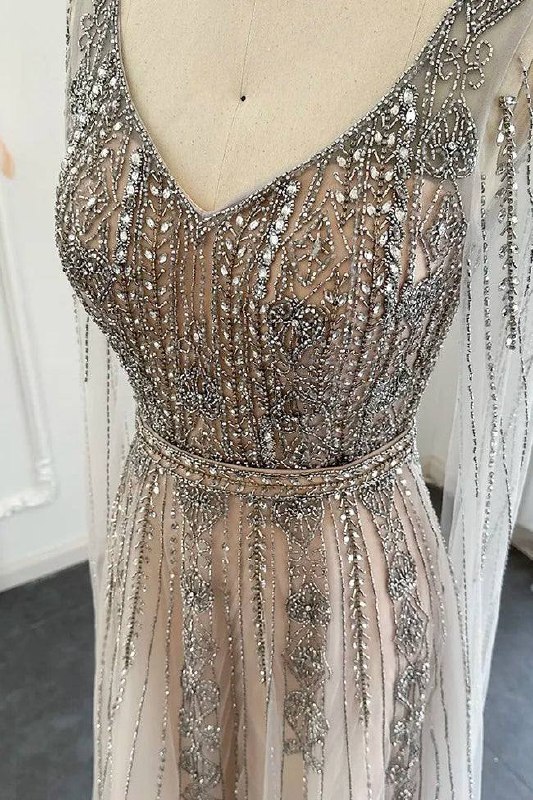 Second image of Silver Embellished Long Sleeve Evening Gown with Sheer Layered Skirt