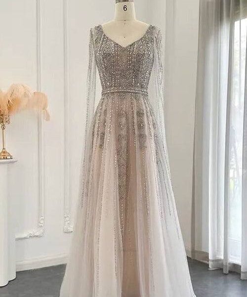 Silver Embellished Long Sleeve Evening Gown with Sheer Layered Skirt